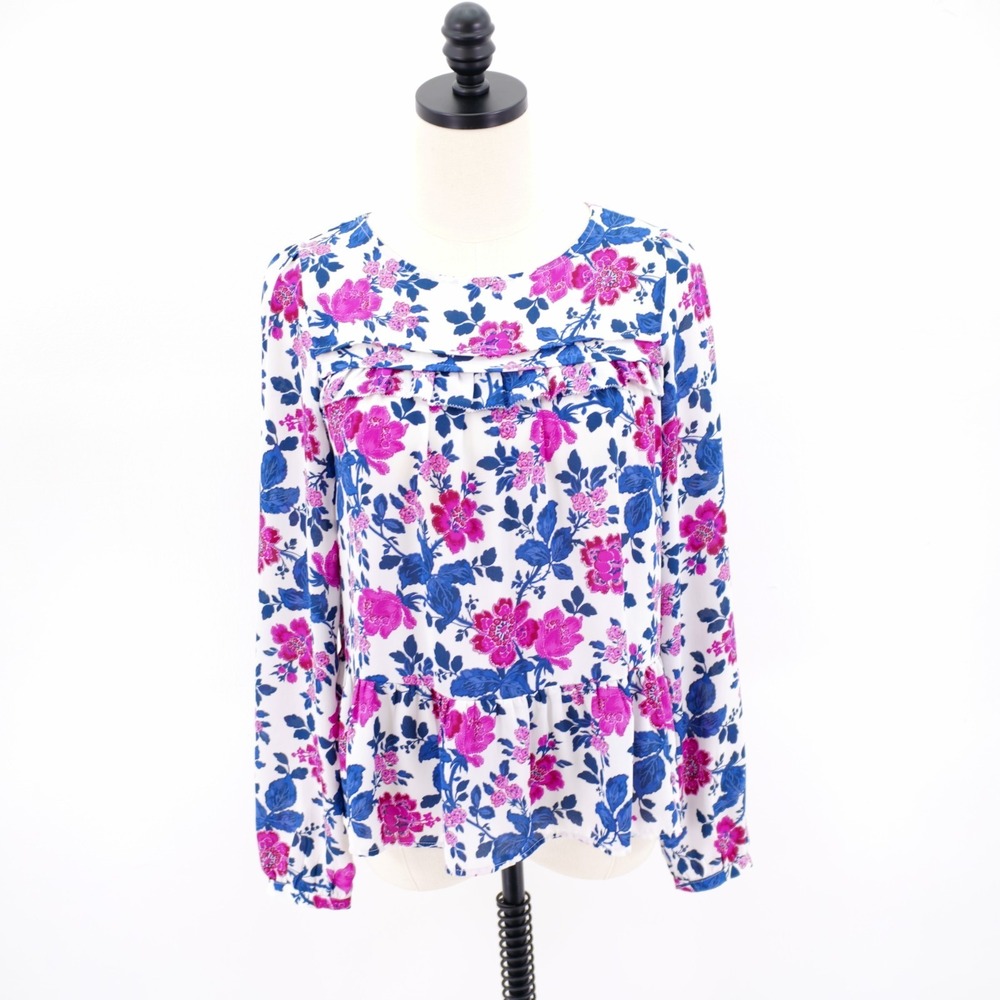 Ann Taylor Loft XS White Blue Pink Floral Long Sleeve Ruffle Bust Blouse Top
